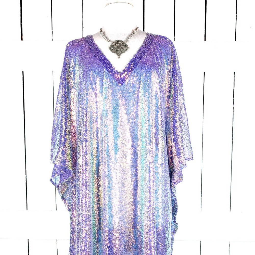Iridescent purple sequins kimono caftan cover up tunic dress